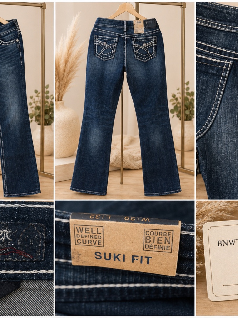 Silver Dark Indigo Bootcut Jeans with White Stitching